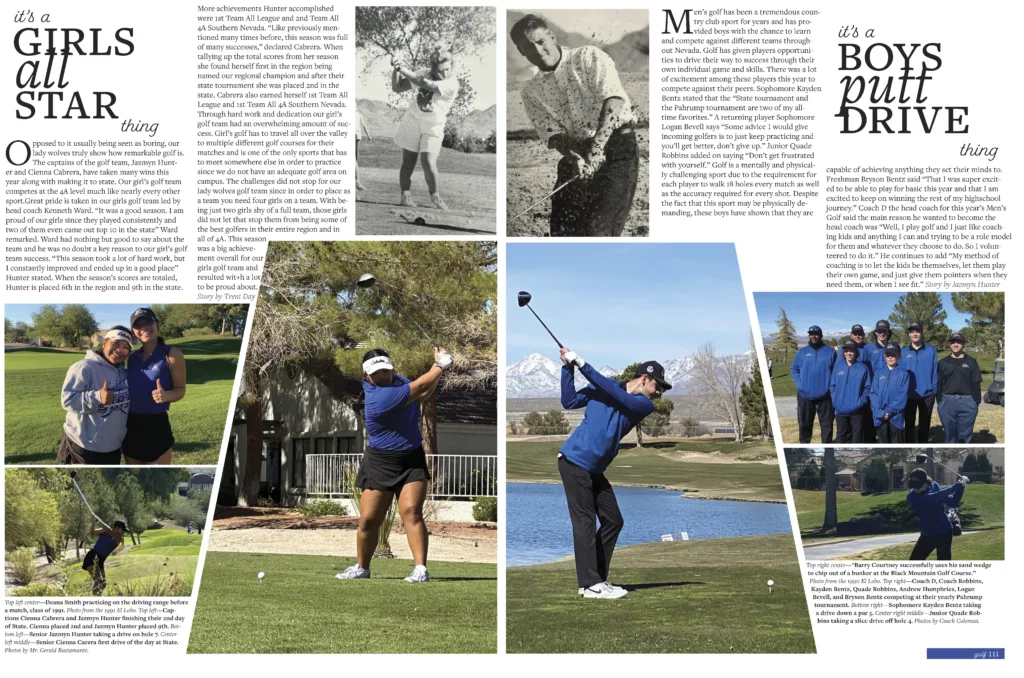 Yearbook spread from the 2023 El Lobo yearbook titled "it's a GIRLS all STAR thing" and "it's a BOYS putt DRIVE thing," showing various photos of student golfers practicing on a driving range and competing on a golf course.