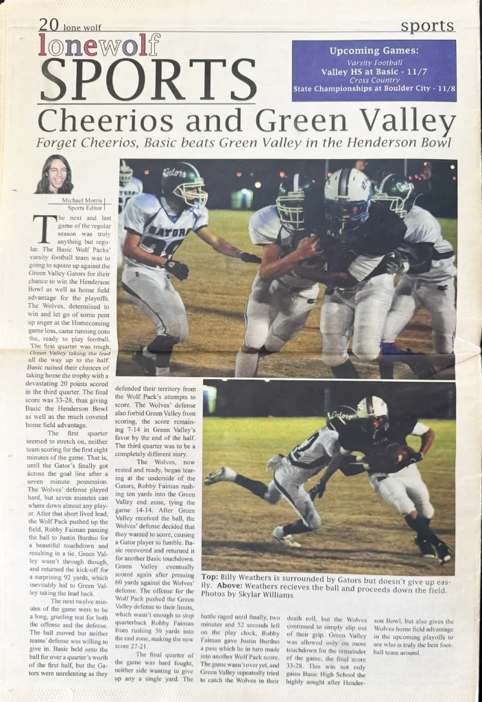 A sports spread from the 2008-2009 Basic High School Lone Wolf newspaper titled "Cheerios and Green Valley: Forget Cheerios, Basic beats Green Valley in the Henderson Bowl." It features photos of the football team in action against the Gators.
