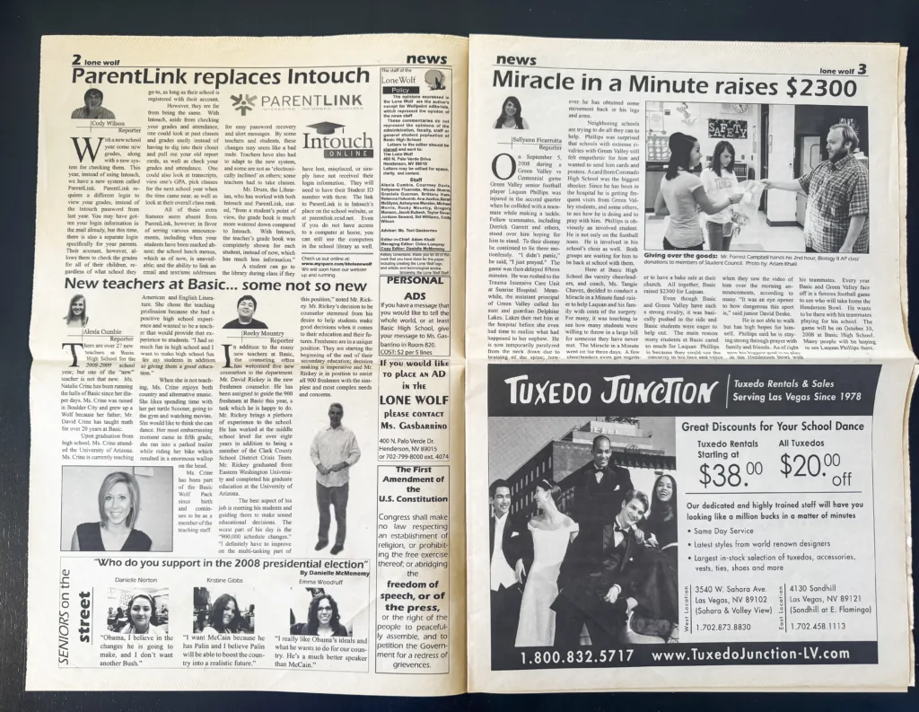A newspaper spread from the 2008-2009 Lone Wolf newspaper titled "Miracle in a Minute raises $2300" and "ParentLink replaces Intouch." The page features articles about school technology updates, a fundraising event for a student, and a "Seniors on the Street" opinion poll about the 2008 presidential election.