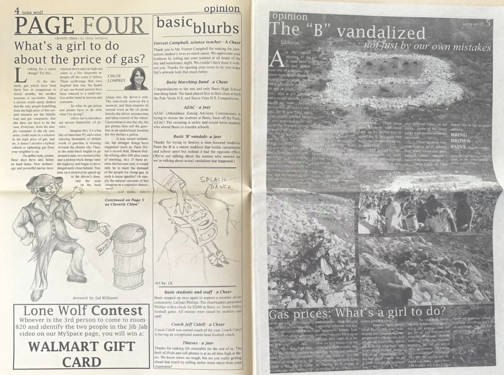 A scanned spread from the 2008-2009 "Lone Wolf" student newspaper of Basic High School. The page features articles titled "What's a girl to do about the price of gas?", an "opinion" section titled "The 'B' vandalized," and an advertisement for a Walmart gift card contest.
