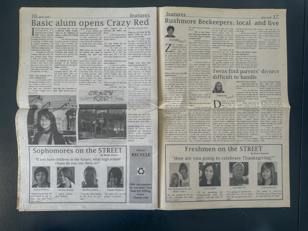 A spread from the 2008-2009 Basic High School Lone Wolf newspaper titled "Basic alum opens Crazy Red" and "Rushmore Beekeepers: local and live." It includes a "Sophomores on the Street" and "Freshmen on the Street" opinion poll.