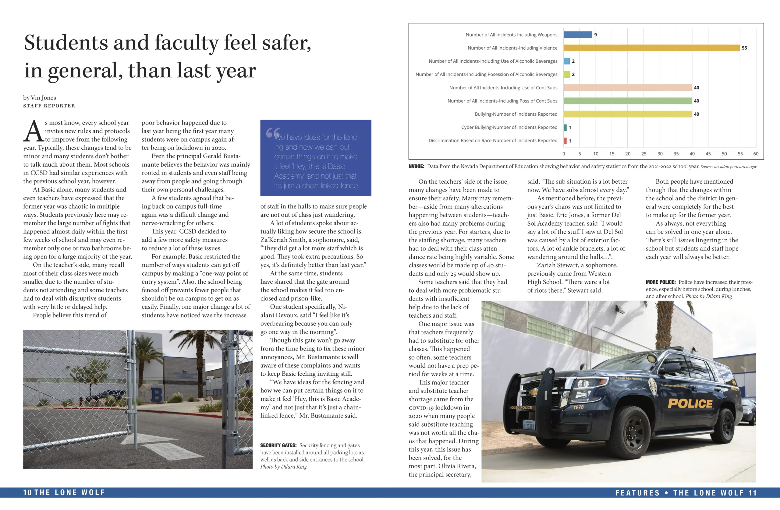 A scanned spread from the September 2022 issue of The Lone Wolf student newspaper. The headline reads "Students and faculty feel safer, in general, than last year."