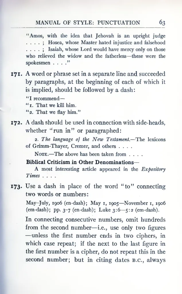 Page 63 of the 1911 Chicago Manual of Style (3rd ed.), showing rules 171–173 on the use of dashes in punctuation, including em dashes and en dashes.