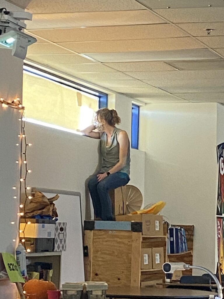 Blond woman sitting on top of a wooden bookshelf in a classroom looking out the window.