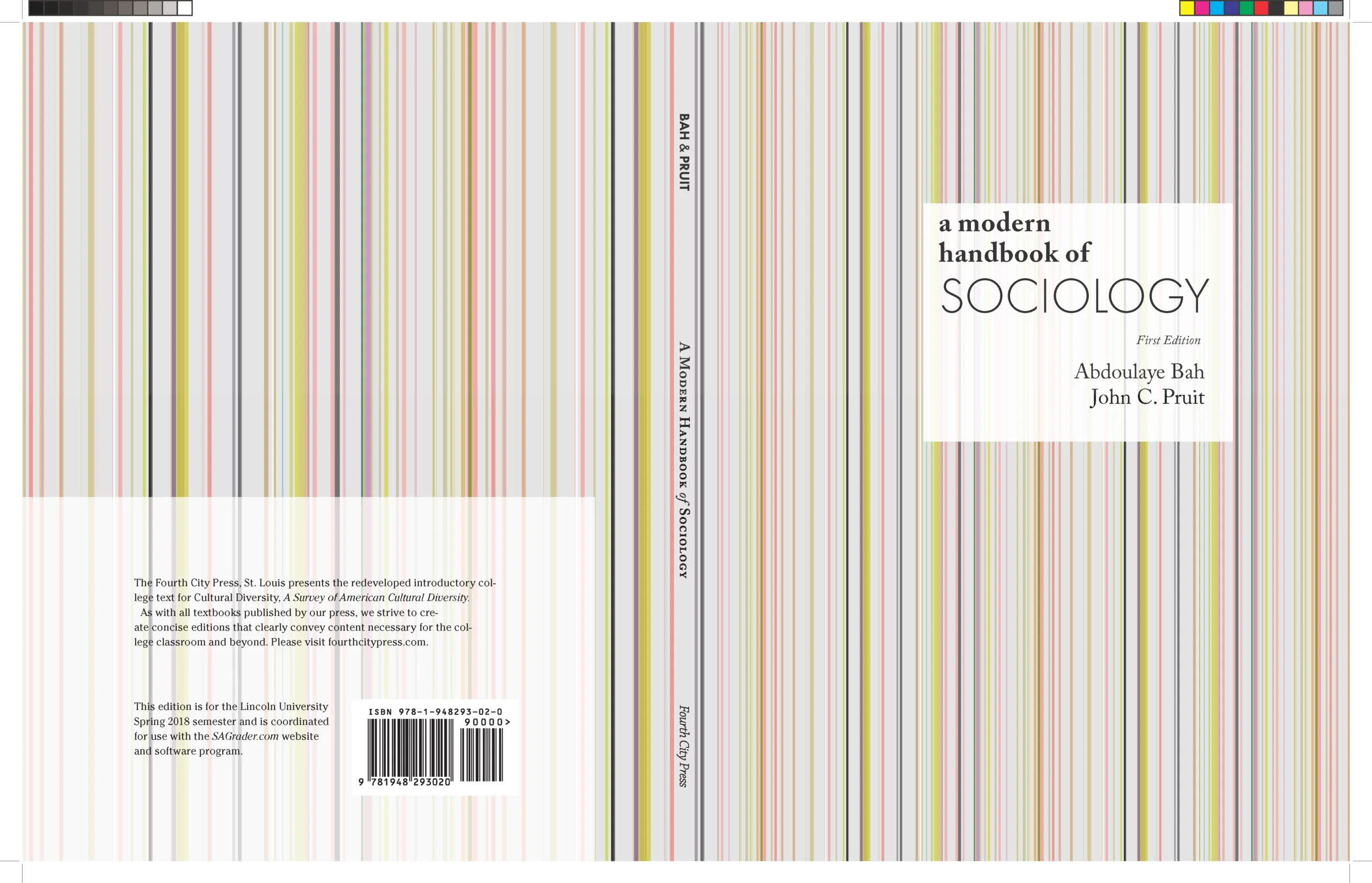 Book cover for "a modern handbook of SOCIOLOGY" (First Edition) by Abdoulaye Bah and John C. Pruit. The design features a white central rectangle for the title and authors, overlaid on a background of thin, multicolored vertical stripes in various shades of blue, green, yellow, pink, and brown.