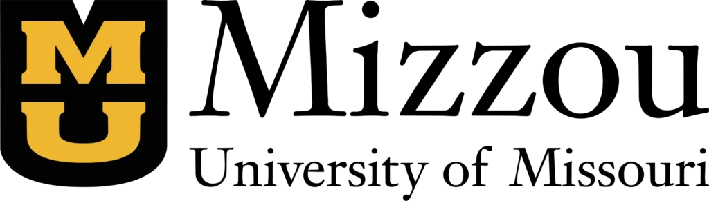 University of Missouri logo featuring a gold "M" over a black "U" inside a shield, followed by the word "Mizzou" and "University of Missouri" in black text.