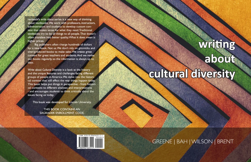 Book cover for "writing about cultural diversity" featuring a vibrant, abstract geometric pattern of nested diamond shapes in shades of orange, yellow, and blue. The title is in white and gold lowercase letters, with the authors' names—Greene, Bah, Wilson, and Brent—listed at the bottom.