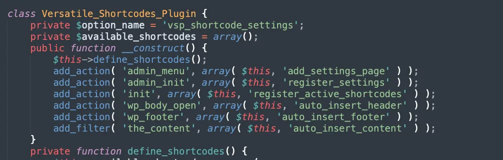 A screenshot of code for a Wordpress plugin written in PHP.