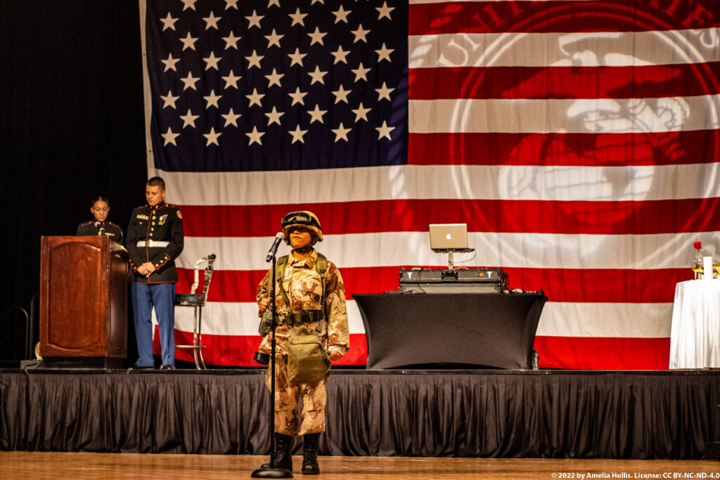 Students performing a historical military play.