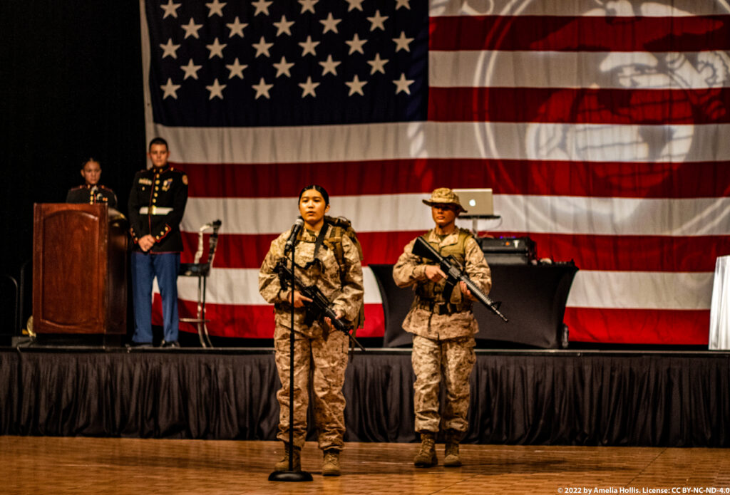 Students performing a historical military play.