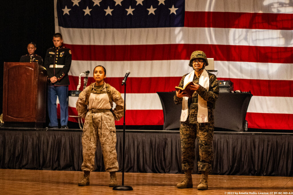 Students performing a historical military play.