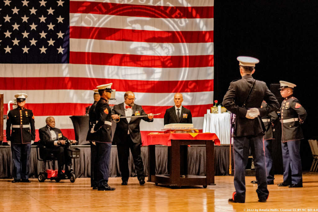 Students performing a historical military play.
